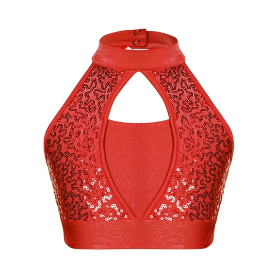 YIZYIF Kids Girls Shiny Sequins Dance costume Sleeveless Hollow Front Crop Top Dance Performance Tops Red 6