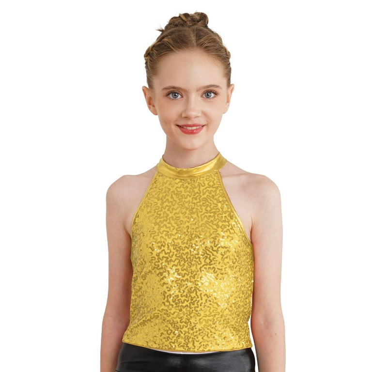 YIZYIF Kids Girls Shiny Sequins Jazz Cheer Leader Dance Tops Sparkly Gymnastics Crop Tank Top Gold 16