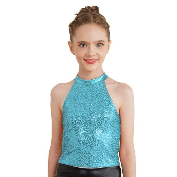 YIZYIF Kids Girls Shiny Sequins Jazz Cheer Leader Dance Tops Sparkly Gymnastics Crop Tank Top Light Blue 12
