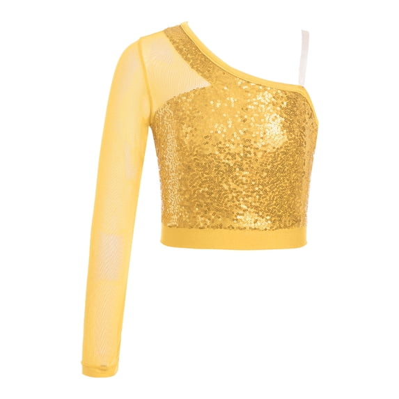 YIZYIF Kids Girls Sparkle Sequins Modern Dance Tops One Shoulder Mesh Sleeve Latin Jazz Dance Crop Top Gold 12