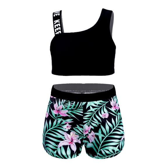 YIZYIF Kids Girls Sports Gymnastic Outfit 2-piece Set Asymmetric Shoulder Vest with Floral Print Shorts Green Lily 10