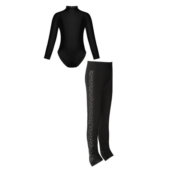 YIZYIF Kids Girls Sports Suit Long Sleeve Leotard with Sparkly Rhinestones Leggings Gym Outfit B Black 11-12