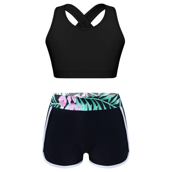 YIZYIF Kids Girls Swimming Bathing Suit Athletic Outfit Criss Cross Back Crop Top with Wide Waistband Shorts Lily 8