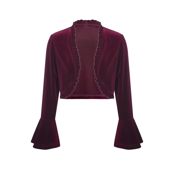 YIZYIF Kids Girls Velvet Cardigan Bolero Ruffles Trim Bell Bottom Cuffs Shrug Outerwear Wedding Pageant Dress Cover-Up Burgundy 6