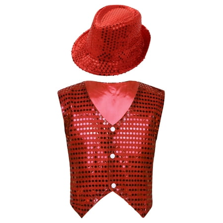 YIZYIF Little Boys Shiny Glitters Sequins Waistcoat Vest with Hat Set Youth Jazz Hip Hop Dance Performance Costume