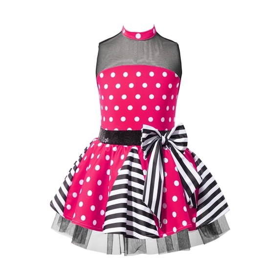 YIZYIF Little Girls Ballerine Sleeveless Tutus Dress Polka Dots Sequins Modern Jazz Latin Dance Costume,Sizes 4-14 Hot Pink 12
