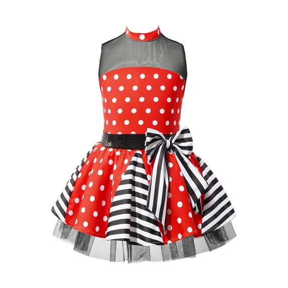 YIZYIF Little Girls Ballerine Sleeveless Tutus Dress Polka Dots Sequins Modern Jazz Latin Dance Costume,Sizes 4-14 Red 14