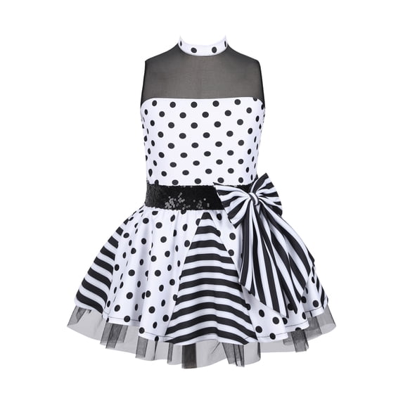 YIZYIF Little Girls Ballerine Sleeveless Tutus Dress Polka Dots Sequins Modern Jazz Latin Dance Costume,Sizes 4-14 White 12