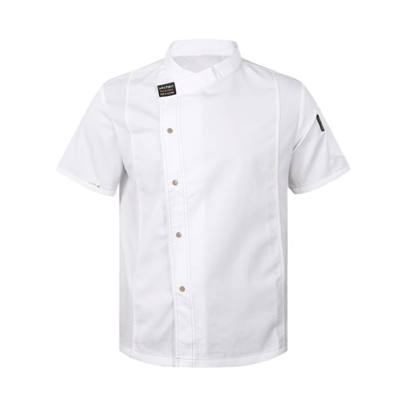 YIZYIF Mens Chef Coat Jacket Hotel Restaurant Kitchen Work Wear Cooking Baking Uniform White Short Sleeve L