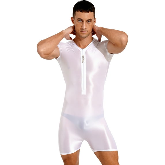 YIZYIF Mens Glossy Front Zipper Bodysuit Jumpsuit Spandex One-Piece Dance Unitard Biketard White XL