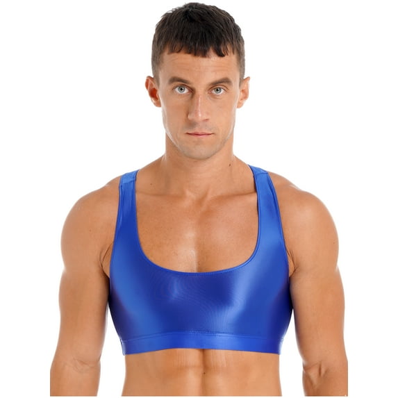 YIZYIF Mens Glossy Racerback Muscle Crop Top Gym Workout Vest Athletic Tee Shirt Blue L