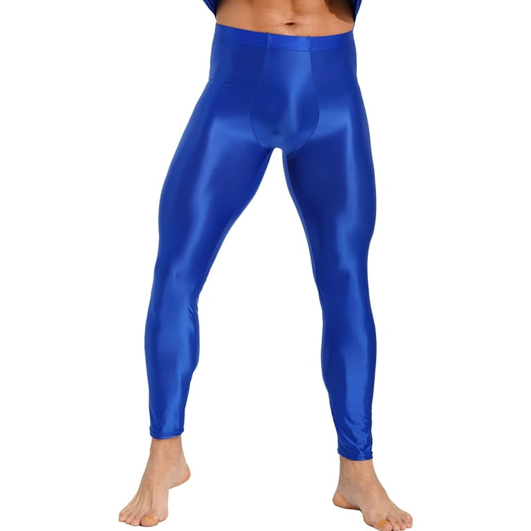 YIZYIF Mens Glossy Solid Color Leggings Skinny Shiny Pants Swimming Gym  Fitness Trousers Blue XXL 