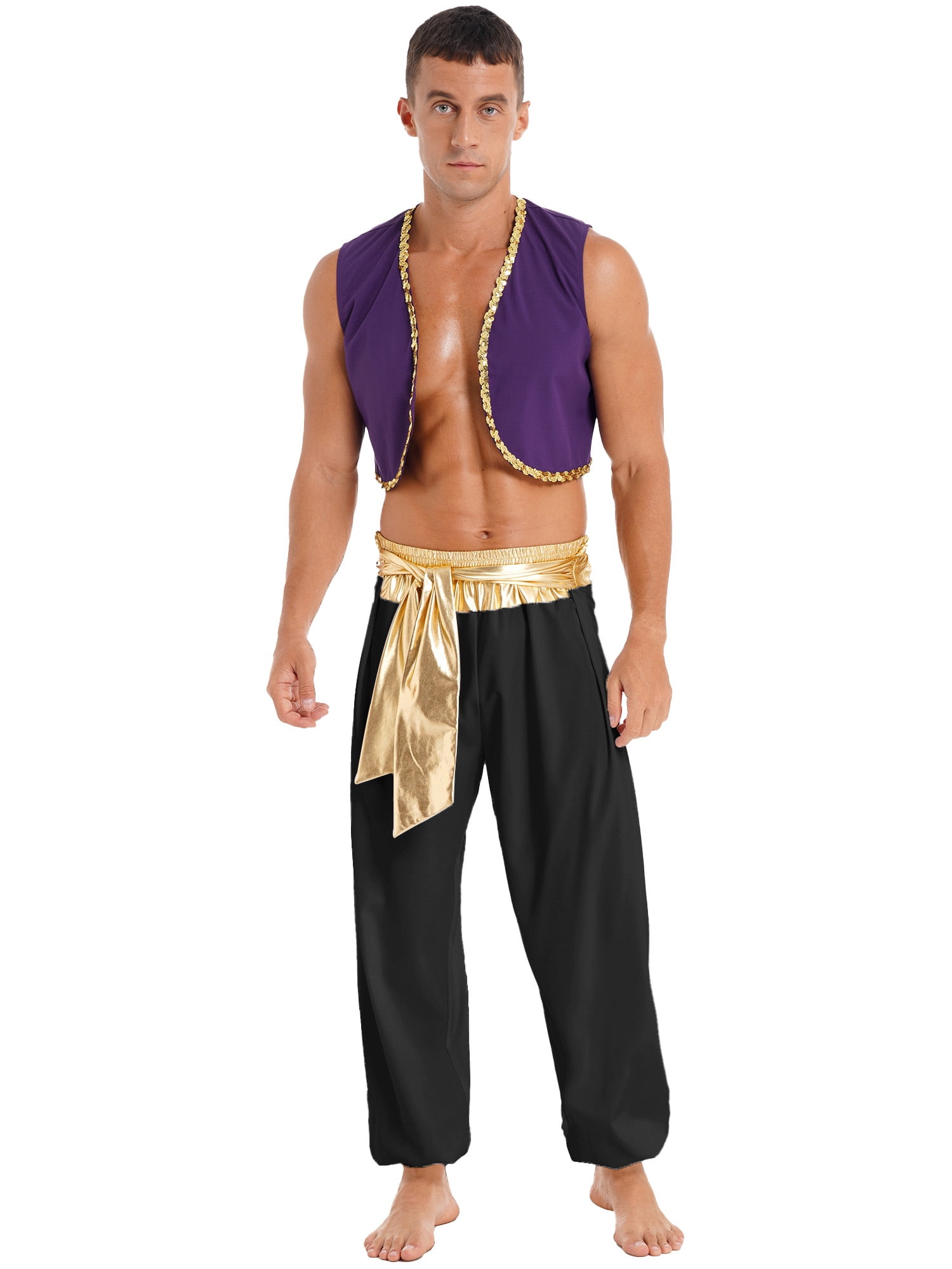 YIZYIF Mens Halloween Arabian Prince Costume Waistcoat with Belted Pants  Set Persian Aladin Themed Party Outfit A Gold 3XL