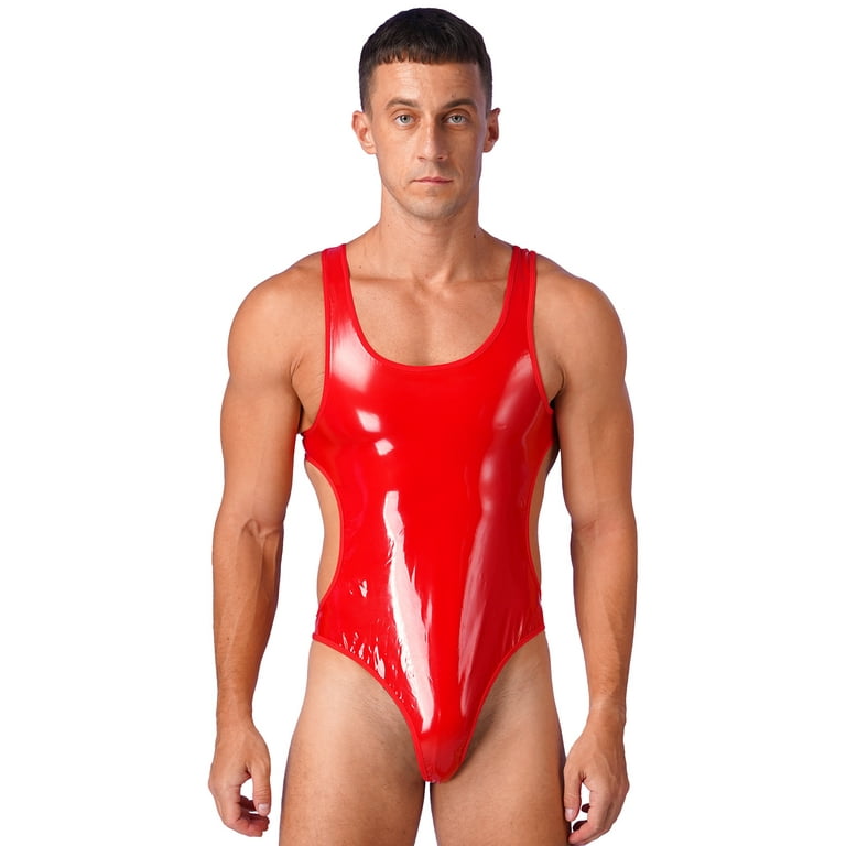 YIZYIF Mens High Cut Open Back Thong Leotard Patent Leather Wet Look  Bodysuit Night Club Rave Dance Jumpsuit Red XXL