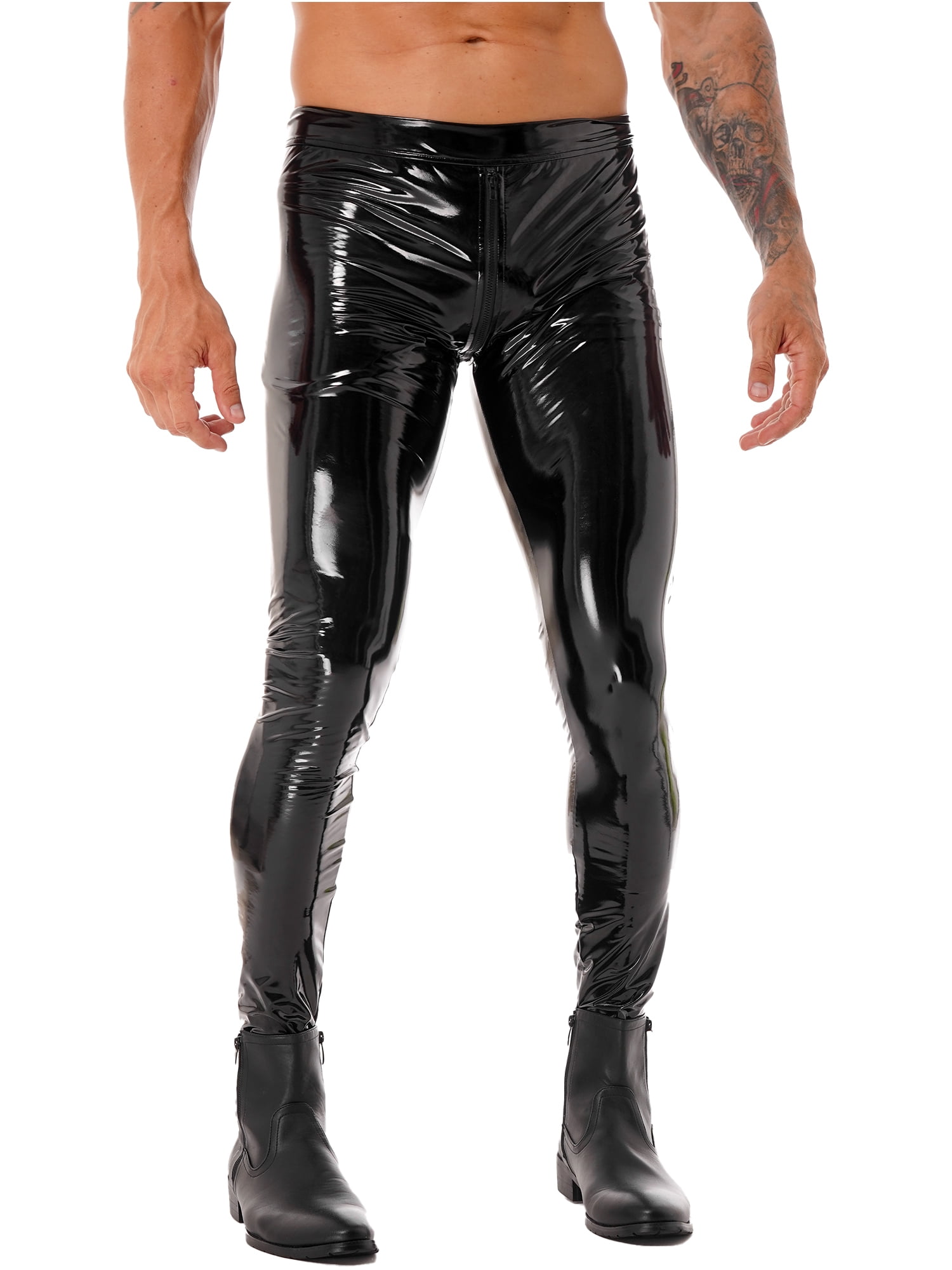 YIZYIF Mens Latex Pole Dance Skinny Pants Zipper Crotch Trousers Stage  Performance Clubwear Black 3XL 