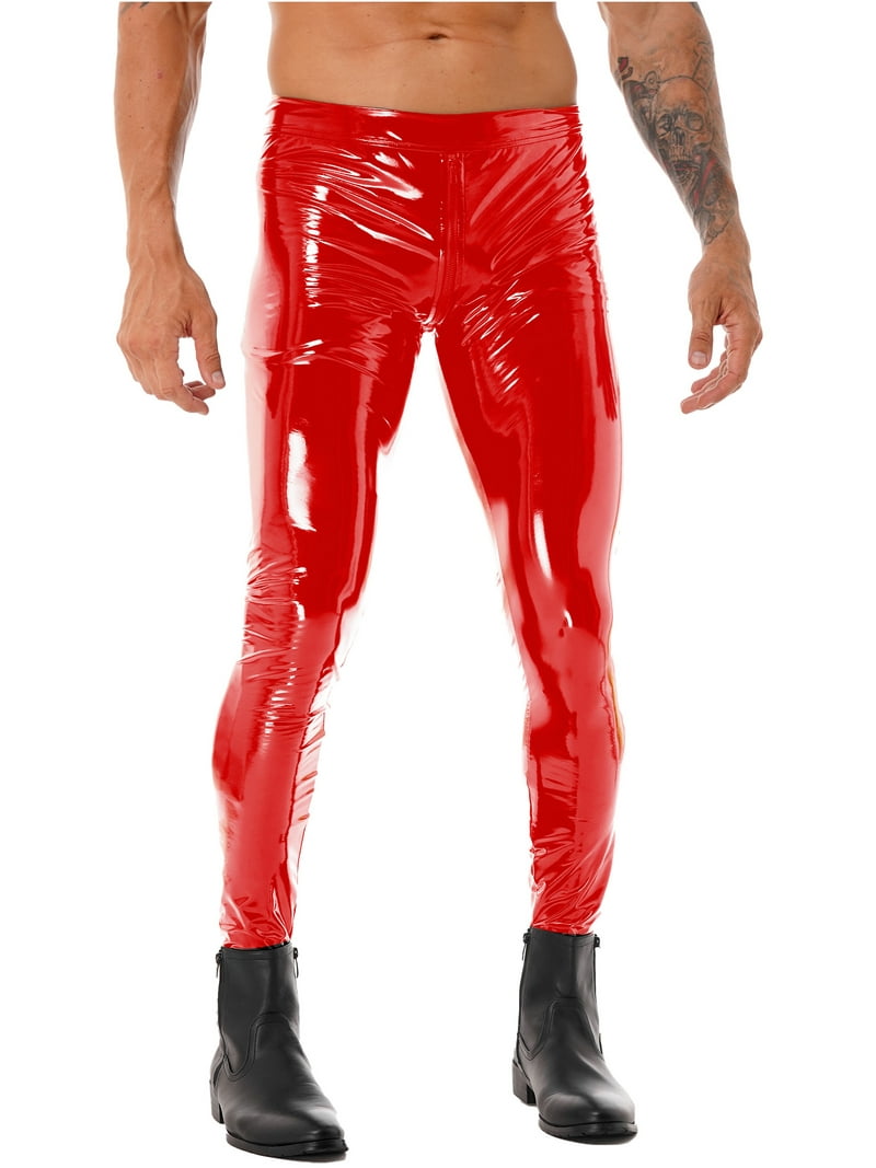 YIZYIF Mens Latex Pole Dance Skinny Pants Zipper Crotch