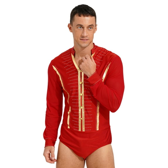 YIZYIF Mens Latin Tango Professional Dance Costume Sparkle Rhinestones V Neck Bodysuit Long Sleeve Leotard Red XXL
