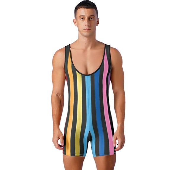 YIZYIF Mens One Piece Swimsuit Stripes Print Water Sports Speed Dry Surfing Bodysuit Rainbow 3XL