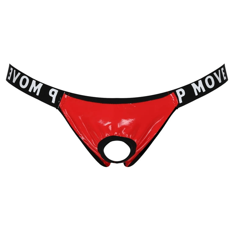 YIZYIF Mens Patent Leather Underwear Hollow Out Bulge Pouch Latex Panties  Jockstrap T-Back Thongs Red XXL