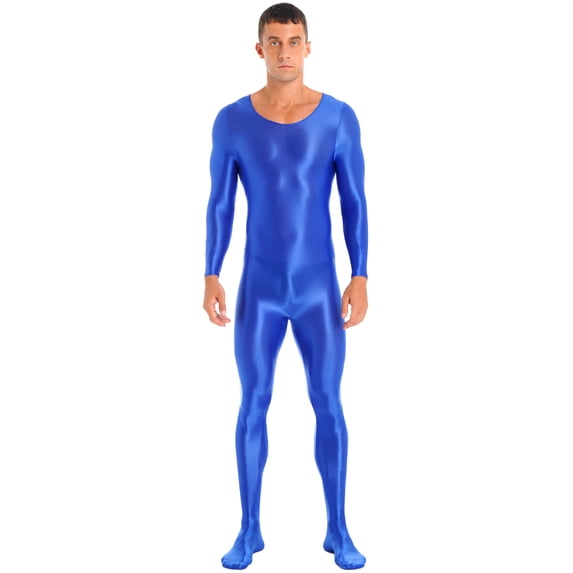 YIZYIF Mens Shiny One Piece Sports Bodysuit Full Body Workout Tights Long Sleeve Elastic Jumpsuit Blue XL