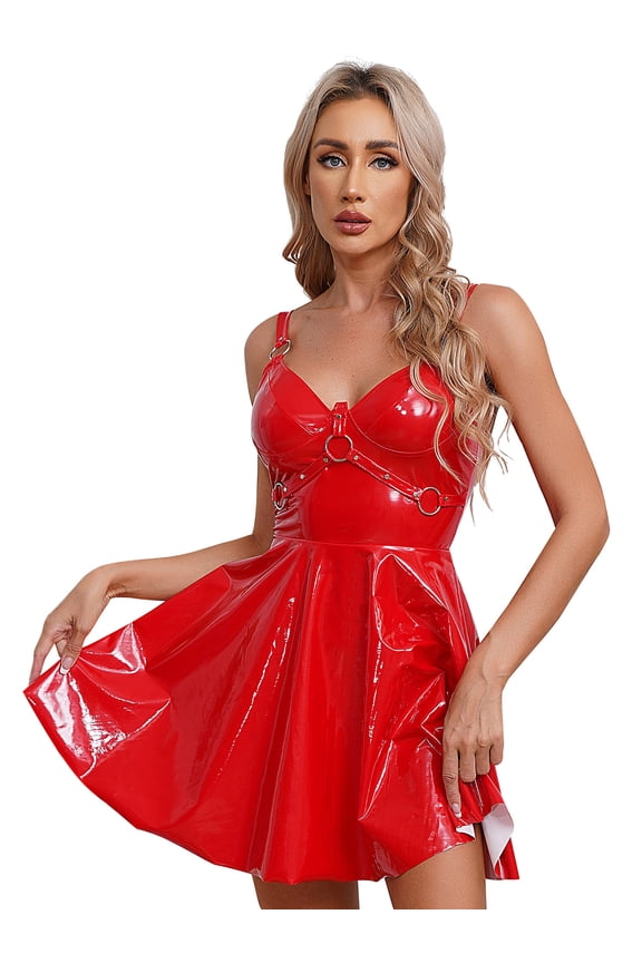 Womens A-line Mini Dress Patent Leather O-Ring Rivet Slip Dress Latex Wet Look Dress Red 4XL