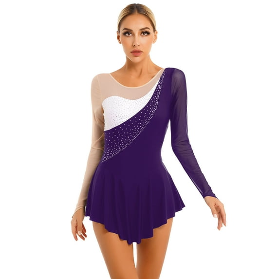 YIZYIF Womens Adult Lyrical Ballet Dance Leotard Rhinestone Decor Gymnastics Ice Figure Skating Dress Purple XL