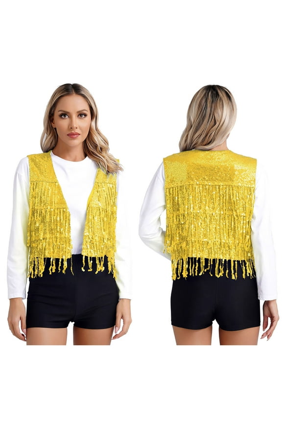 Womens All Sparkling Sequins Vest Halloween Circus Costume Sleeveless Tassels Carnival Performance Tops Gold S