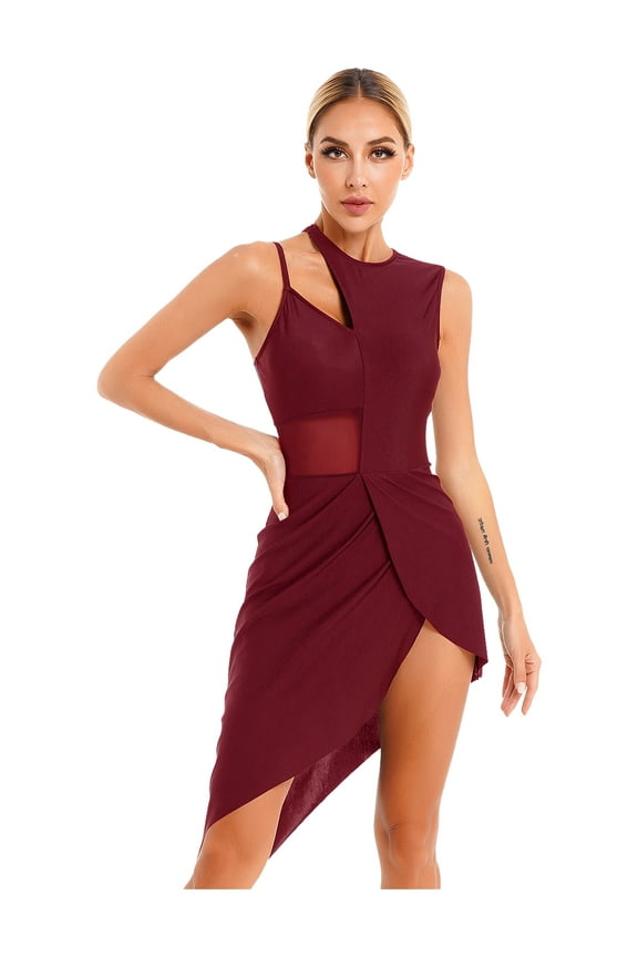 Womens Ballroom Dance Dress Sleeveless Asymmetrical Hem Tango Jazz Salsa Leotard Costume A Burgundy M