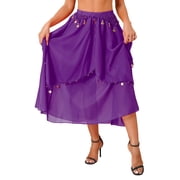 YIZYIF Womens Belly Dance Performance Costume Sequin Beaded Chiffon Skirt Indian Dance Costume Purple One Size
