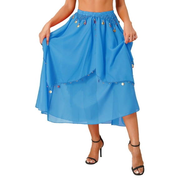 YIZYIF Womens Belly Dance Performance Costume Sequin Beaded Chiffon Skirt Indian Dance Costume Sky Blue One Size