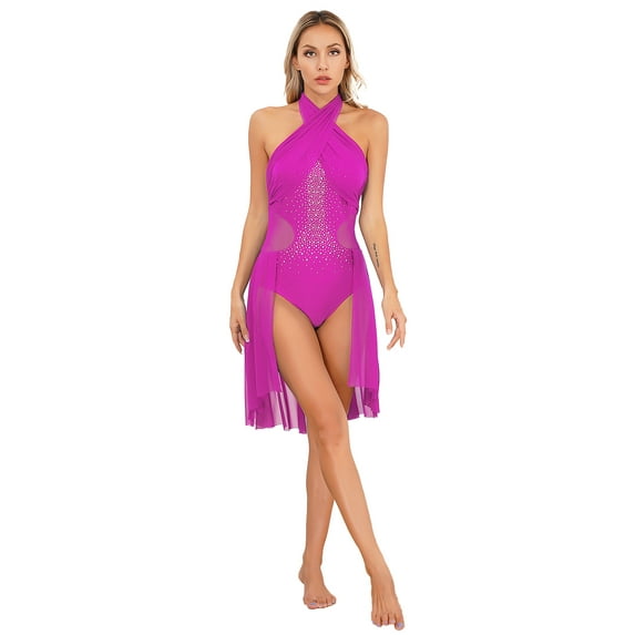 YIZYIF Womens Chiffon Backless Lyrical Dance Dress Halter Shiny Rhinestones Skirted Leotard Ice Skating Bodysuit Hot Pink S