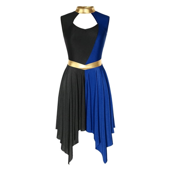 YIZYIF Womens Cutout Back Worship Praise Dance Costume Dress Sleeveless Contrast Color Irregular Hem Dress Dancewear Black&Blue XXL