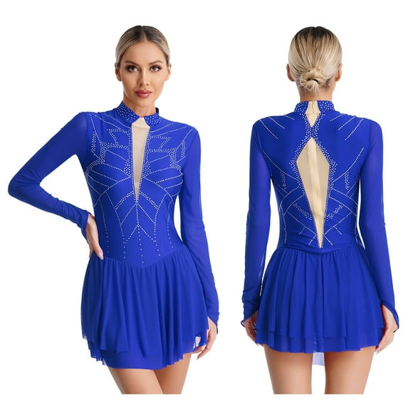 YIZYIF Womens Figure Ice Skating Dress Modern Dance Gymnastics Leotard Dress Long Sleeve Shiny Rhinestones Dancewear Blue M