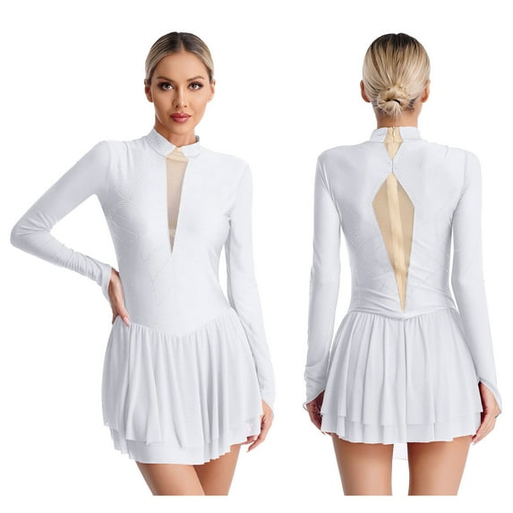 YIZYIF Womens Figure Ice Skating Dress Modern Dance Gymnastics Leotard Dress Long Sleeve Shiny Rhinestones Dancewear White M