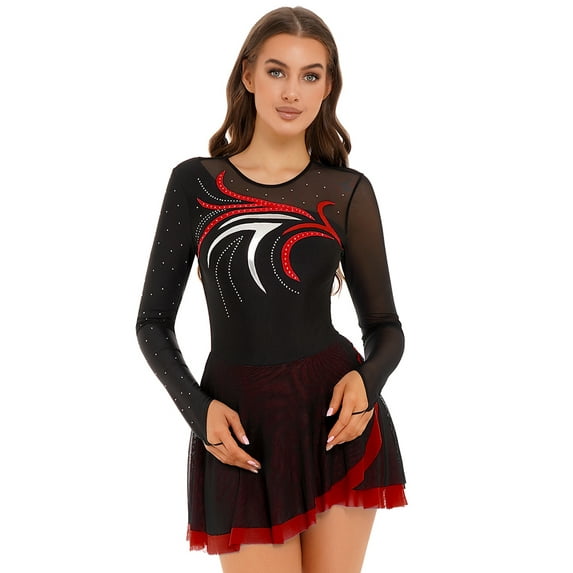 YIZYIF Womens Figure Ice Skating Dress Shiny Rhinestone Sheer Mesh Leotard Dress Lyrical Ballet Dance Costume Red L