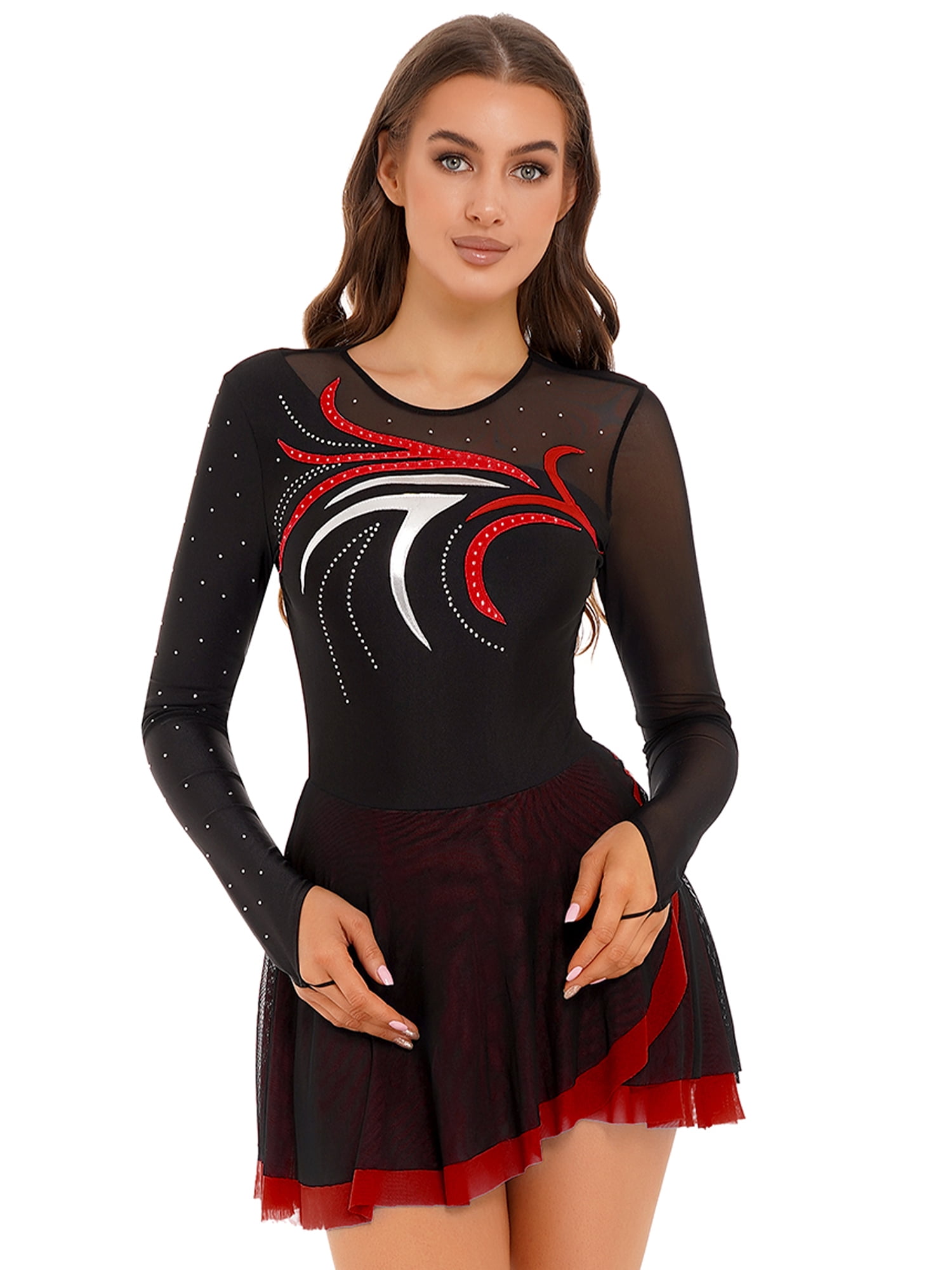 Abito Da Pattinaggio Su Ghiaccio Donna Manica Lunga Con Strass - Mesh Leotard Danza Lirica - Foto 3