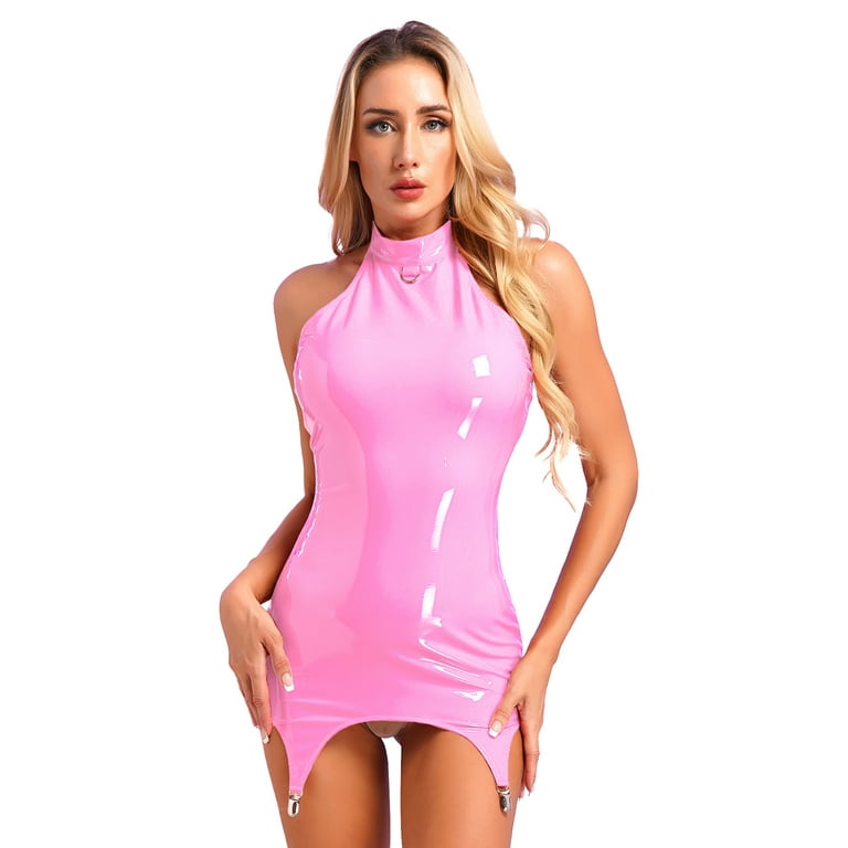 YIZYIF Womens Glossy Halter Neck Bodycon Dress with Garter Clips Latex  Sleeveless Back Zipper Dress for Club Performance A Pink 4XL 