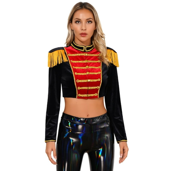 YIZYIF Womens Halloween Circus Ringmaster Costume Velvet Long Sleeve Jacket Fringed Epaulettes Coat Black XXL