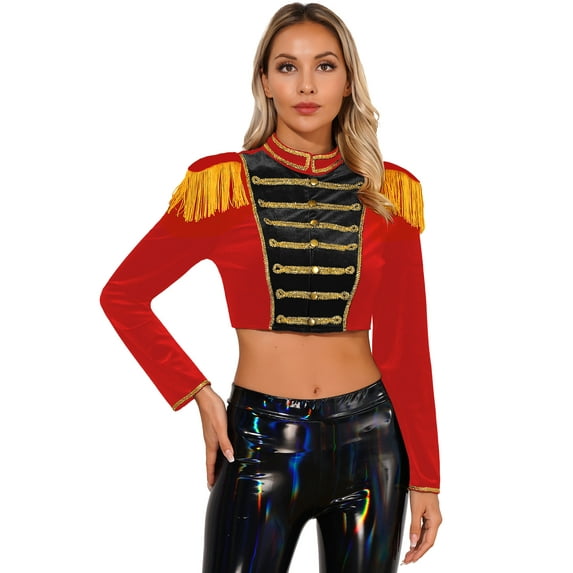 YIZYIF Womens Halloween Circus Ringmaster Costume Velvet Long Sleeve Jacket Fringed Epaulettes Coat Red L