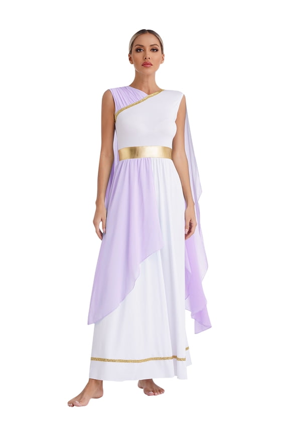 Womens Halloween Toga Dress Ancient Greece Roman Queen Dress Up Chiffon Gold Trims Long Dress Lavender L