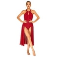 thumbnail image 1 of YIZYIF Womens Halter Lyrical Dance Dress Sheer Mesh Leotard Dancewear Flowy Ice Skating Dress Burgundy XXL, 1 of 7