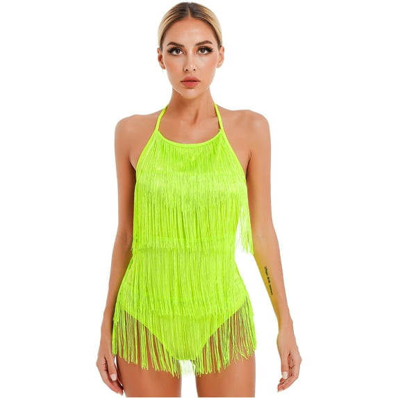 YIZYIF Womens Halter Neck Spaghetti Straps Tassels Dance Leotard Bodysuit Backless Zippered Latin Jazz Dance Costume