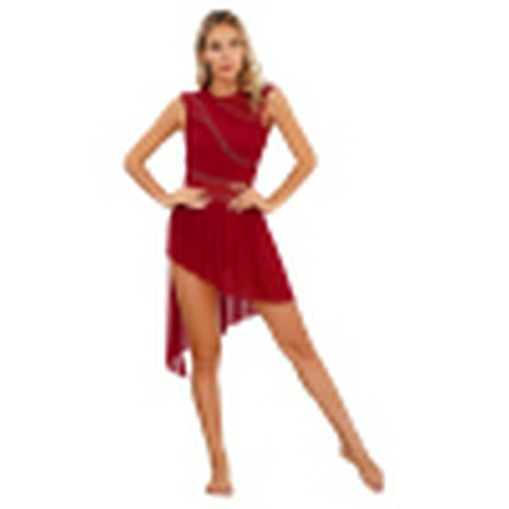 YiZYiF Women Rhinestone Lyrical Dance Dress Irregular Flowy Tulle Skirt Figure Skating Leotard Dancewear Burgundy S