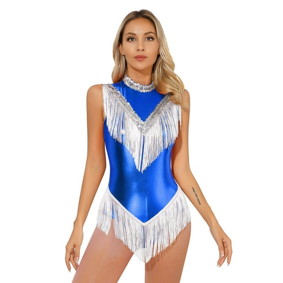 YIZYIF Womens Jazz Latin Dance Leotard Sequins Metallic Tassels Sleeveless Bodysuit Blue S