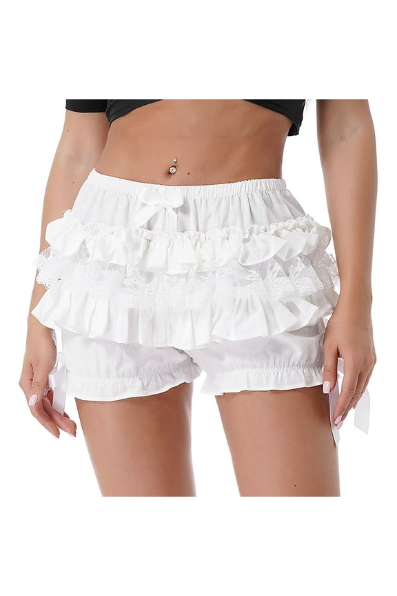 Womens Lace Trim Layered Lolita Bloomers Bowknot Ruffles Boyshort Panties