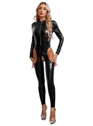 CHICTRY Womens Patent Leather Bodysuit Crotchless Catsuit Jumpsuit for Pole  Dance 