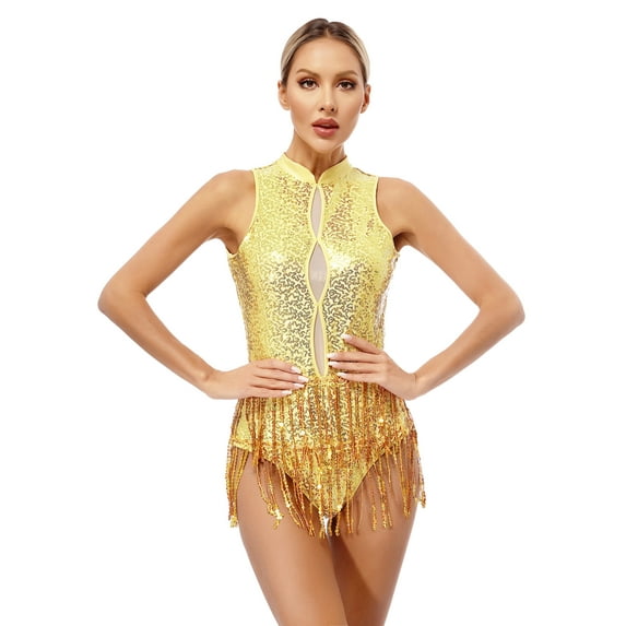 YIZYIF Womens Latin Dance Leotard All Shiny Sequins Tassels Bodysuit Sleeveless Backless Latin Jazz Dancewear Gold M