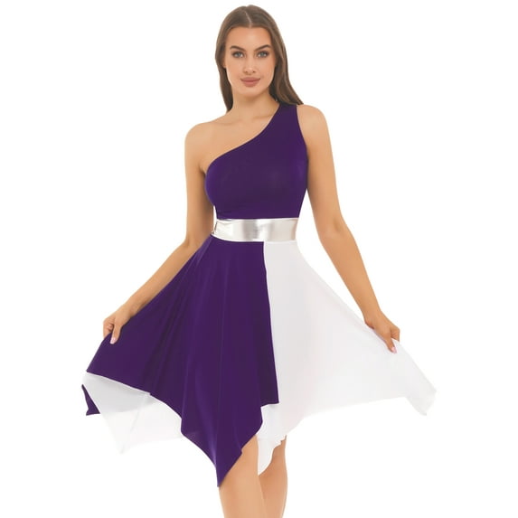 YIZYIF Womens Liturgical Praise Lyrical Dance Costume Sleeveless Metallic Waistline Asymmetrical Dress Dancewear Purple S