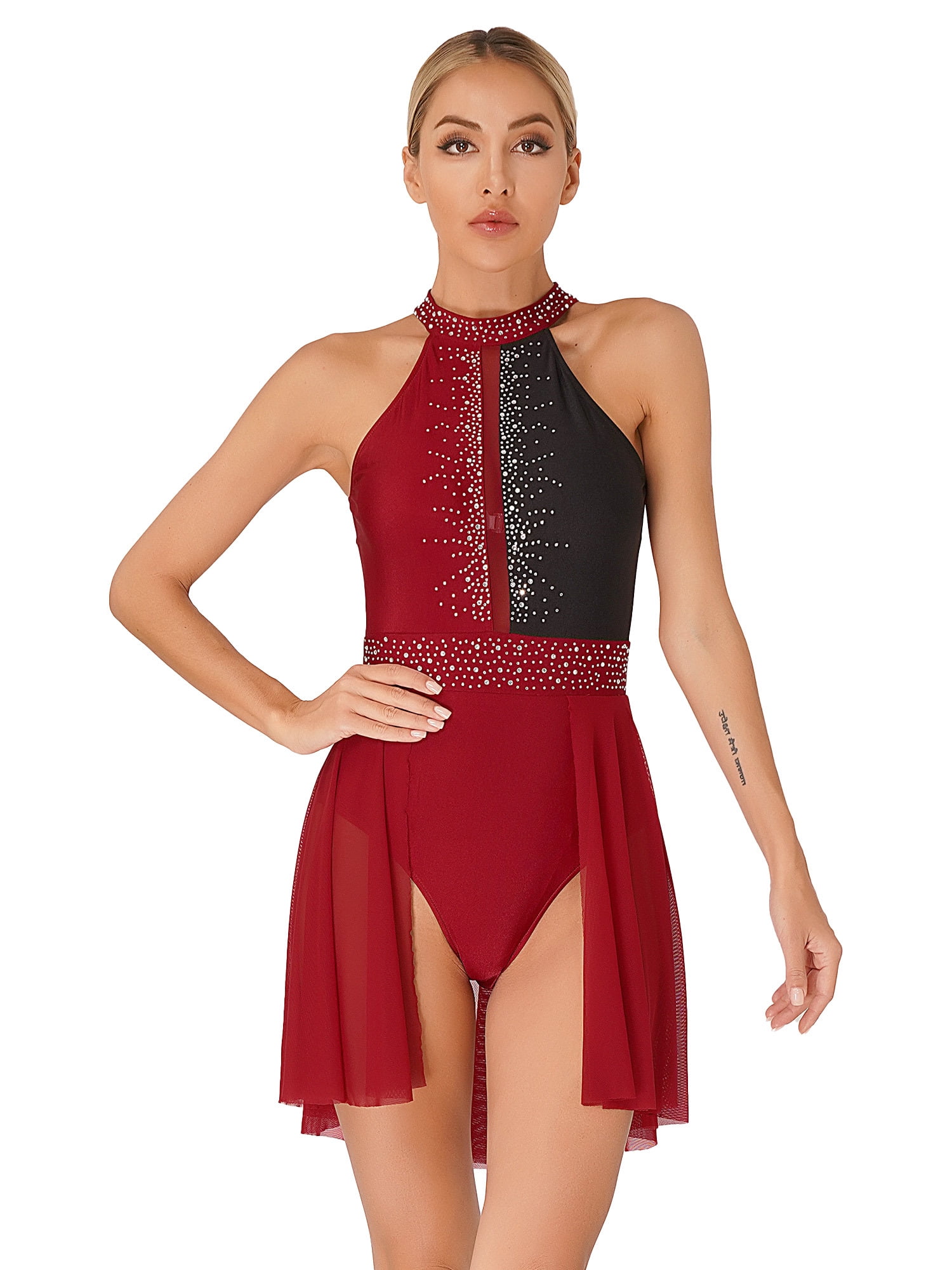 YIZYIF Womens Lyrical Dance Costume Halter Neck Sparkle Rhinestone ...