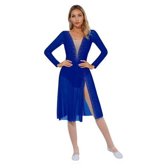 YIZYIF Womens Lyrical Dance Dress Side Split Ballet Gymnastics Leotard Figure Skating Performance Dance Wear Royal Blue M